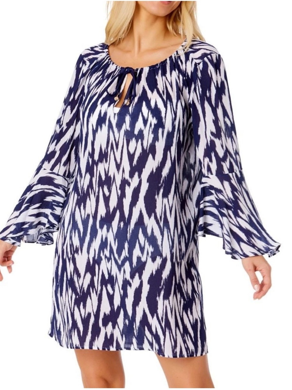 Anne Cole Navy Ikat Printed Bell-Sleeve Beach Swim Cover Up Dress